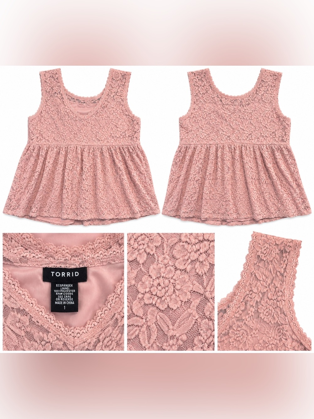 Torrid Women’s Size 1 Dusty Rose Pink Lace Babydoll Tank Top Sleeveless